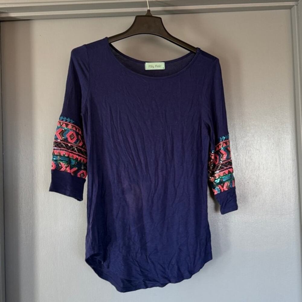 Filly Flair Women's Blue Pullover Top 3/4 Sleeves Scoop Neck Sequins sz M